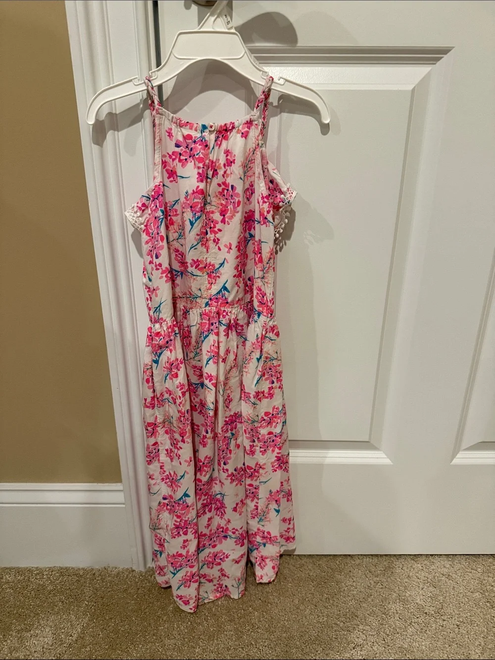OshKosh B'gosh White Maxi Dress with Pink Floral and Blue Accents. EUC. Summer